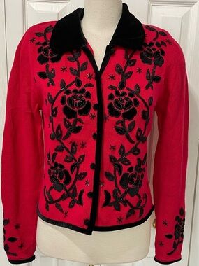 Vintage Women's Red Floral Embroidered Cardigan with Black Velvet Trim